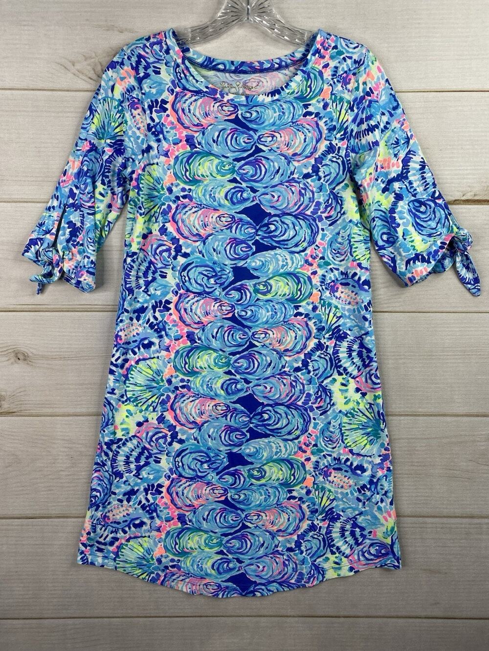 Lilly Pulitzer Dress Womens XS Blue Floral Tropical Slit Tie Sleeve Shift Shirt